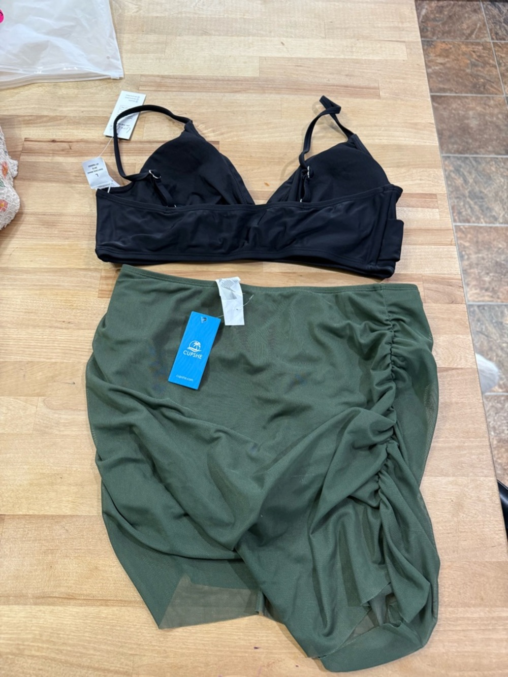 Cupshe Olive Green Swim Skirt with Black Bikini Top